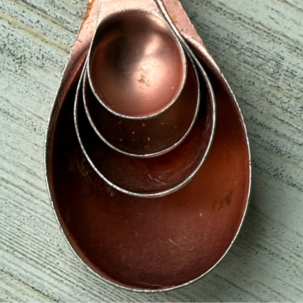 Vintage Aluminum Copper Tone Nesting Oval (4) Measuring Spoons US STD Farmhouse
